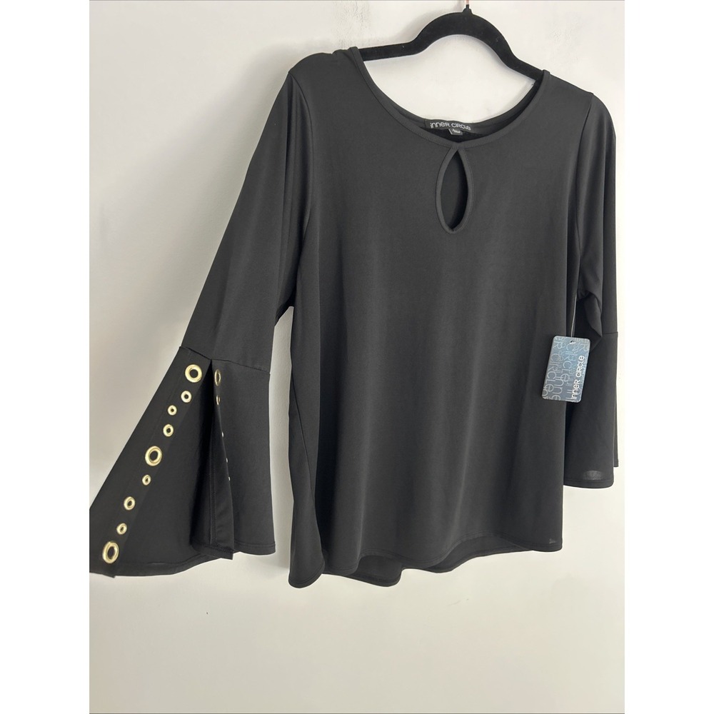 Inner Circle Women's L‎ Black Flair Sleeves Gold Studs NWT Blouse